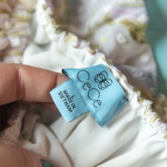 NEW Cece Purple One Shoulder Baja Palm Print Ruffle Neck Shift Dress Size Large - Picture 6 of 10